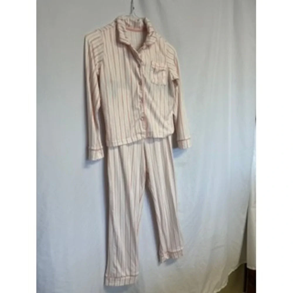 Tahari Kids Pink White Striped Pajama Set Long Sleeve Button Down Pants Size 7/8